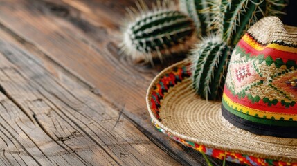 Cinco de Mayo holiday background with Mexican cactus and party sombrero hat on wooden table Cinco de Mayo