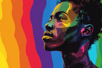 Wall Mural - African-American gay man on a rainbow background for pride day, shining brightly as a beacon of hope and visibility in the lgbtq+ movement