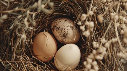 Sticker - Dry grass nest with chicken eggs and ornaments seen from above Idea for Easter celebration Empty area for adding text