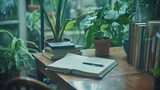 Fototapeta Londyn - An intimate portrayal of journaling in a quiet nook, surrounded by soft lighting and plants, highlighting the reflective practice of writing for emotional clarity.