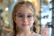 Smiling girl with glasses in front of eyewear stand