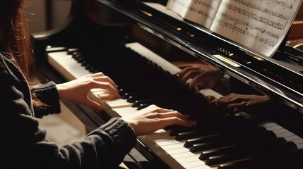 A professional pianist sitting in front of a grand piano her fingers meticulously gliding along the black and white keys as she reads the music on the sheet littered with ledger lines. .