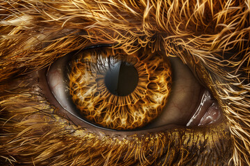 A close up of an animal eye with fur, brown eyes, detailed iris