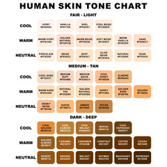 Collection Color palette chart, Skin tones. Flat illustration. Skin color infographics. Vector icon. Human skin tone. Abstract concept person face,body complexion graphic element for cosmetics. Health