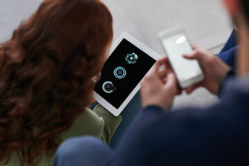 Wall Mural - tablet, smartphone and people connection display, screen and digital contact, social media or teamwo