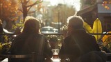 Fototapeta  - A man and a woman deep in conversation backs turned towards the camera as they soak in the warm afternoon sun and sip on . .