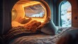 Inside the Aurora Pod guests are treated to a cozy and comfortable sleeping pod complete with warm fauxfur bedding and soft ambient lighting to enhance relaxation. 2d flat cartoon.