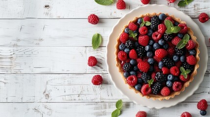 Canvas Print - Berries Tart displayed on plate on white wooden backdrop