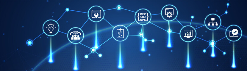 Devops. Agile development and optimization concept on virtual screen. Software engineering. Software development practices methodology. Vector illustration.