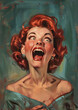Retro-inspired digital painting of a woman expressing surprise with a wide open mouth and bright eyes, high quality illustration