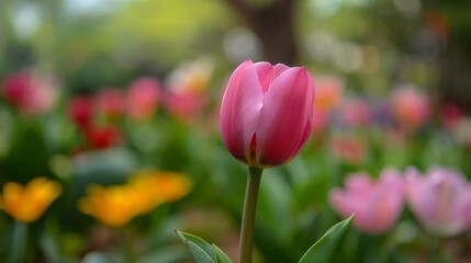 Canvas Print - A pink tulip amidst yellow and pink flowers