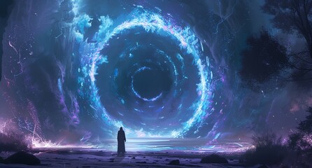 Wall Mural - a man standing in front of a giant purple and blue object in the sky