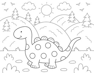 Sticker - cute dinosaur in nature coloring page for children. you can print it on standard 8.5x11 inch paper