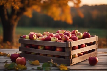 Wall Mural - 'apples wooden crate table sunset autumn harvest concept apple box fruit farm basket red sunlight organic nature yellow bunch fall season ripe wood background healthy food country orange agriculture'
