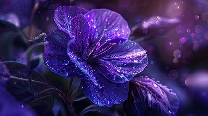 Sticker - Purple flowers with raindrops in garden