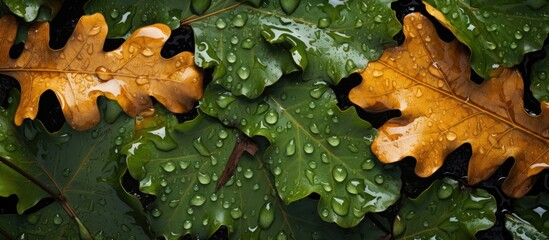 Wall Mural - a close up of two oak leaves with water drops on them