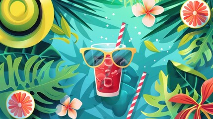 Flat illustration, A beach scene with a straw in a glass of orange juice.