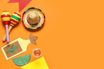 Canvas Print - Mexican maracas with sombrero, tequila and decor on orange background. Cinco de Mayo