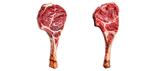 Two perfect tomahawk beef steak with fresh bones, isolated on transparent background