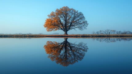 Wall Mural - A lone tree standing in a still pond the reflection of its branches and leaves creating a serene and mystical scene.