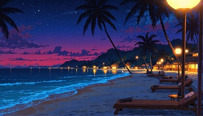 Wall Mural - beach resort at night art anime cartoon style background from Generative AI