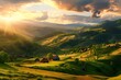 A breathtaking view of the Carpathian Mountains, bathed in golden sunlight with lush green hills and small village houses nestled among them