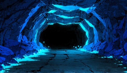 Wall Mural - blue lighting cave tunnel art anime cartoon style background from Generative AI