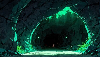 green lighting cave tunnel art anime cartoon style background from Generative AI