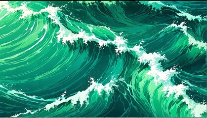 Wall Mural - green water waves art anime cartoon style background from Generative AI