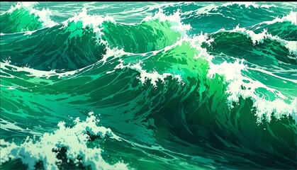 green water waves art anime cartoon style background from Generative AI