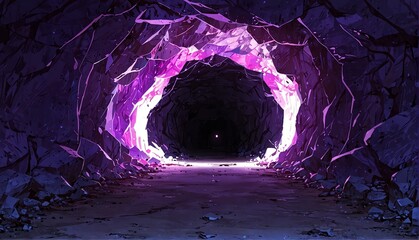 Wall Mural - purple lighting cave tunnel art anime cartoon style background from Generative AI