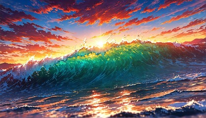 Wall Mural - water waves at sunset art anime cartoon style background from Generative AI