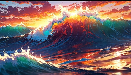 Wall Mural - water waves at sunset art anime cartoon style background from Generative AI