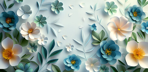 Wall Mural - paper cut style, blue and green color palette, various flowers, white background