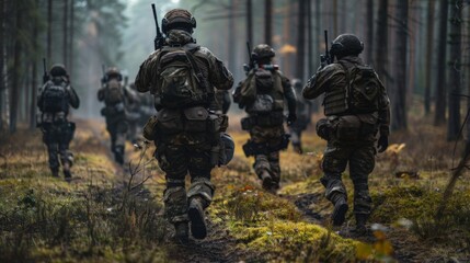 A group of soldiers training in the forest, their demeanor filled with power and unity