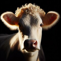 Wall Mural - A cow in front portrait, with the rim light. The background is black