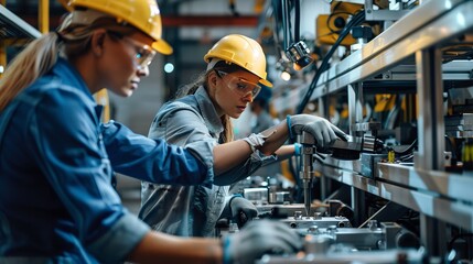 Wall Mural - assembly line workers adjusting machinery settings
