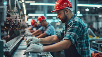 Wall Mural - assembly line workers adjusting machinery settings