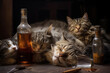 Four sleepy cats next to a whiskey bottle and cigarettes on a wooden table