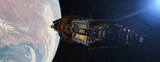 Fototapeta Góry - Space Station flying over the Earth atmosphere in Space. 3d Rendering