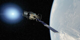 Fototapeta Góry - Satellite flying over the Earth atmosphere in Space. 3d Rendering