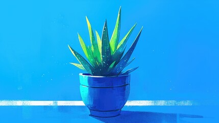 Wall Mural - 2d illustration of a lush Aloe Vera plant thriving in a vibrant blue pot standing alone