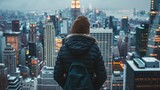 Fototapeta  - A lone figure stands at the edge of the bustling city back turned to the camera as they contemplate the challenges ahead. . .