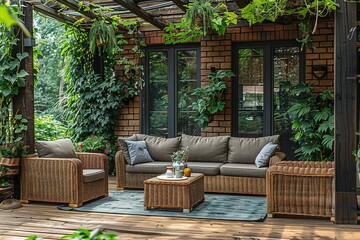 Wall Mural - stylish, wooden terrace with wicker garden furniture copy space for text --ar 3:2 --stylize 750 Job ID: 5e541d13-d385-4844-bdb6-911a33d76487