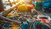 The Sun Casts A Warm Light On The Tabletop Where A Variety Of Tools And Equipment Used By Fishermen Are Laid Out. A Colorful Assortment Of Fishing Lures Catch The Eye While In The .
