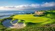 © seogi - The beautiful golf course scenery next to the sea has a flagpole on the green and bunkers and hazards on the left and right. Sunny weather coastal golf course. Generative AI