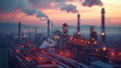 In a large oil refinery with the sunset in the background, the lights turn on one by one and smoke rises. Top view. Generative AI