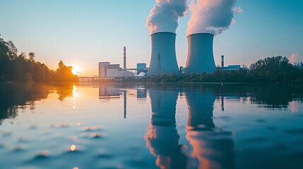 A view of the cooling towers of a nuclear power plant with smoke rising at sunset reflected on the water in front of the power plant. Generative AI