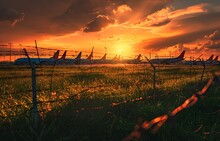 A Sunset Over An Airport With Lots Of Parked Airplanes, A Barbed Wire Fence In The Foreground And A Green Field Behind It