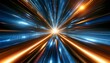 a digital acceleration or speed through a tunnel effect, with streaks of light extending from the center to the periphery in blue and orange tones, symbolizing high velocity, technology
